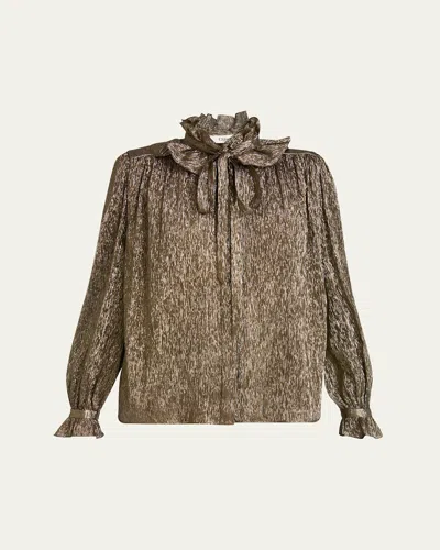 Chloé Metallic Silk Ruffle Neck-tie Top In Bronze