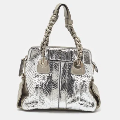 Pre-owned Chloé Metallic Silver/grey Python And Leather Heloise Satchel