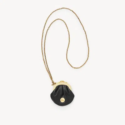 Chloé Micro Horse Medal Coin Purse Necklace In Grained Leather Black Size Onesize 100% Bubalus Bubalis, Fa