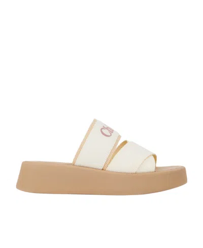 Chloé Mila Beige And White Sabot With Branded Strap In Linen Blend Woman In Beige,white