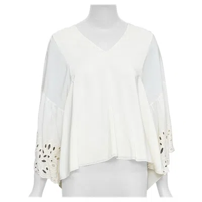 Pre-owned Chloé Chloe Milk Cream 100% Silk Cotton Lace Eyelet Trim Peasant Blouse Fr34 Xs In White