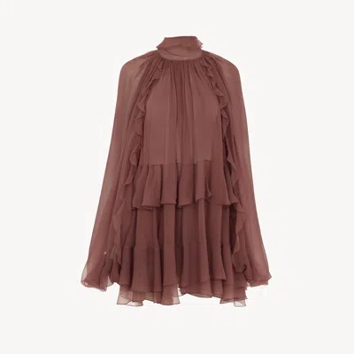 Chloé Robe Cape Courte Volantée En Mousseline De Soie Femme Rose Taille 38 100% Soie, Pinctada Maxima, Far In Pink
