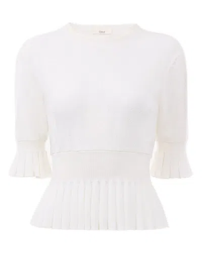 Chloé Chloè Mini Cropped Knit Sweater With Ruffled Hem In White