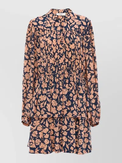 Chloé Mini Dress Floral Print Pleated Waist In Blue