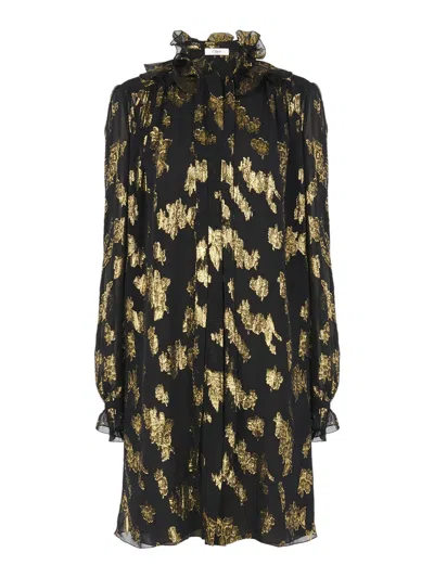 Chloé Robe Courte À Nouer En Jacquard De Soie Et Lurex Femme Noir Taille 38 80% Soie, 20% Polyamide, Pinct In Black