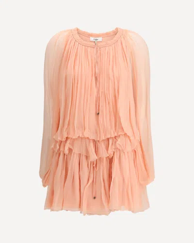 Chloé Women Pink Mini Dress With Drawstring On The Front And Cape Design In Silk Woman In Neutral