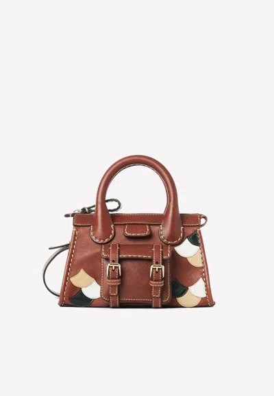 Chloé Mini Edith Top Handle Bag With Scallop Patchwork In Brown