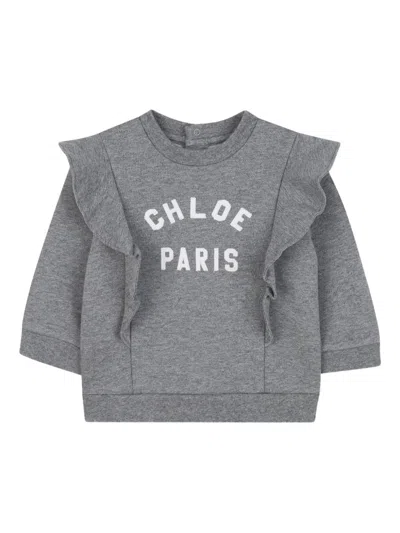 Chloé Mini Flounce Sweater With Logo Appliqué In Gray