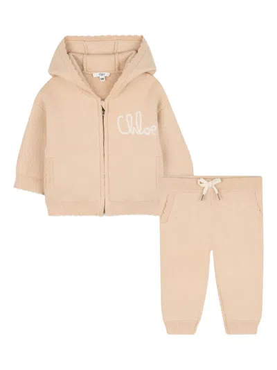Chloé Mini Front Zip Fashion Sweatshirt With Embroidered Logo In Sand