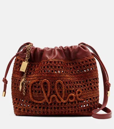 Chloé Mini Summer Banana Woven Raffia Drawstring Shoulder Bag In Brown