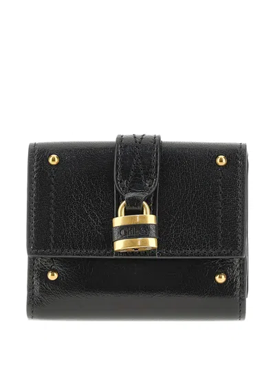 Chloé Mini Paddington Tri-fold Studded Lock Wallet In Black