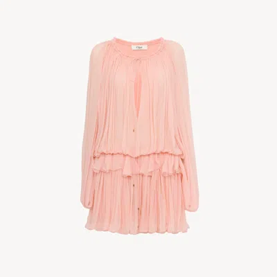 Chloé Mini Cape Dress In Silk Mousseline In Pink