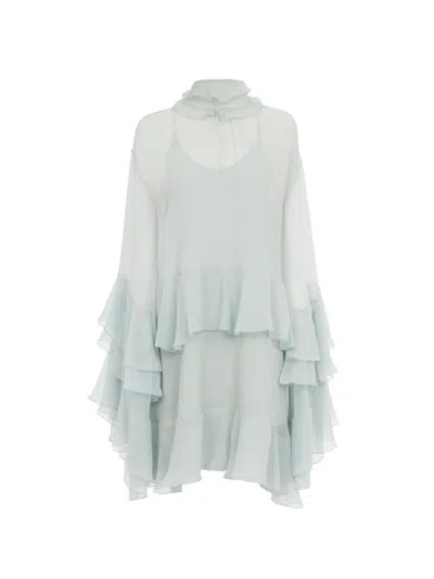 Chloé Mini Ruffled Dress In Silk Mousseline In Gray