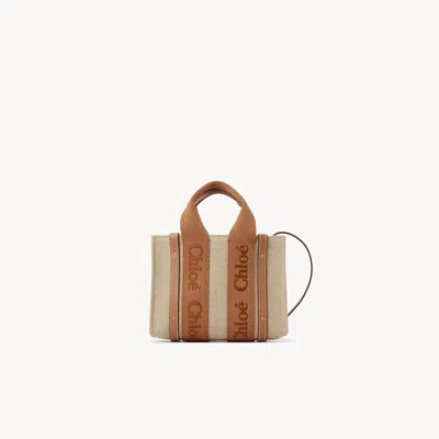 Chloé Mini Sac Cabas Woody En Toile De Lin In Brown