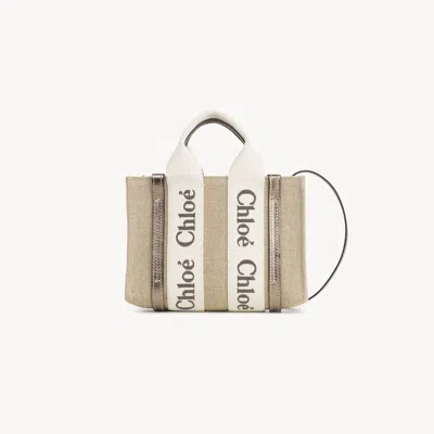 Chloé Mini Sac Cabas Woody En Toile De Lin Femme Gris Taille Onesize 100% Lin, Cuir De Veau In Grey