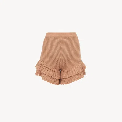 CHLOÉ RUFFLED MINI SHORTS IN CROCHET KNIT PINK SIZE S 100% COTTON, POLYAMIDE, ELASTANE