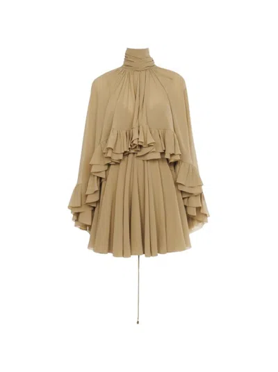 Chloé Mini Silk Georgette Cape Dress Foggy Khaki In Neutrals
