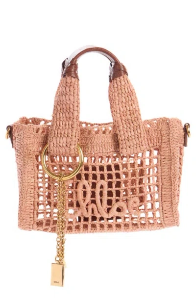 Chloé Mini Sac Cabas East-west Summer Banana En Raphia In Brown