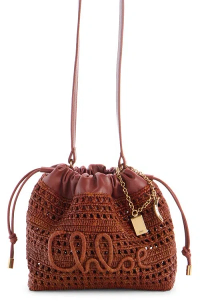 Chloé Mini Summer Banana Woven Raffia Drawstring Shoulder Bag In Brown