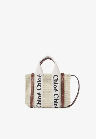 Chloé Mini Woody Crochet Tote Bag In Beige