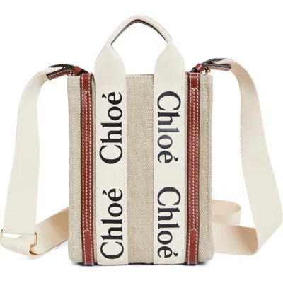 Chloé Mini Woody Linen Canvas North/south Tote In White