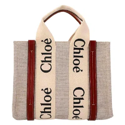 Chloé Chloe Mini Woody Linen Logo Tote Bag In Brown/white