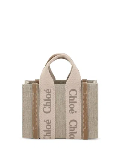Chloé Mini Woody Linen Tote Bag In Nude & Neutrals