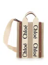 Chloé 'mini Woody North South' Beige Tote Bag With Logo Lettering In Linen Woman In Multicolor