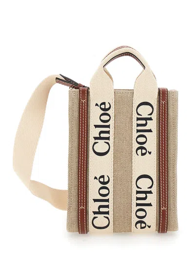 Chloé 'mini Woody North South' Beige Tote Bag With Logo Lettering In Linen Woman In Multicolor