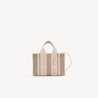 Chloé Mini Woody Tote Bag In Linen & Leather In Brown