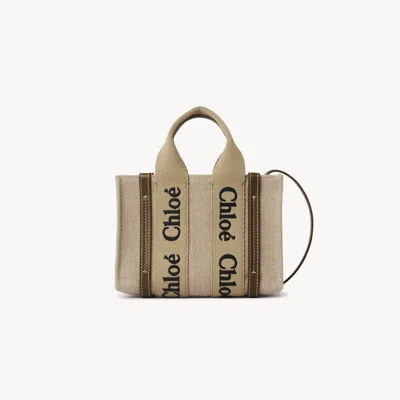 Chloé Mini Woody Tote Bag In Linen & Leather Brown Size Onesize 100% Calf-skin Leather