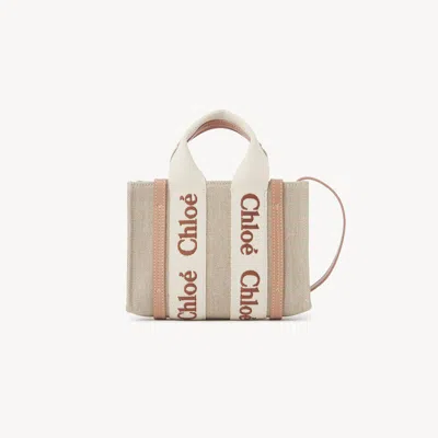 Chloé Mini Woody Tote Bag In Linen & Leather Orange Size Onesize 100% Linen