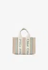 Chloé Mini Woody Tote Bag In Linen And Leather In Sand