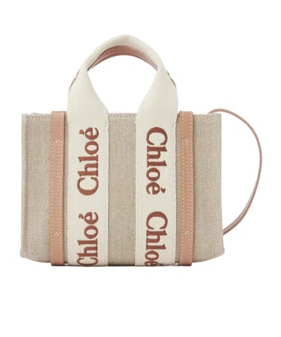 Chloé Mini Woody Tote Bag In Linen  Leather