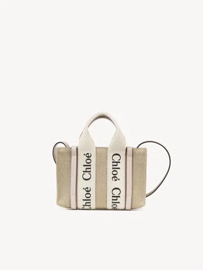Chloé Mini Sac Cabas Woody En Toile De Lin Femme Rose Taille Onesize 100% Lin, Cuir De Veau In Pink