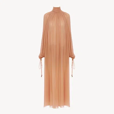 Chloé Mock-neck Gathered Long Dress In Silk Georgette In Brown