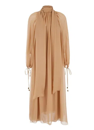 Chloé High-neck Tie Long-sleeve Silk Gown In Beige