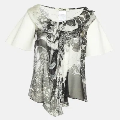 Pre-owned Chloé Monochrome Print Chiffon And Canvas Paneled Blouse S In Gray