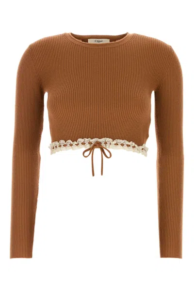 Chloé Wool Sweater Cropped Lace Trim Tie In Brown