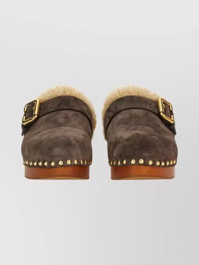 Chloé Mules With Buckle And Studded Trim In Brown