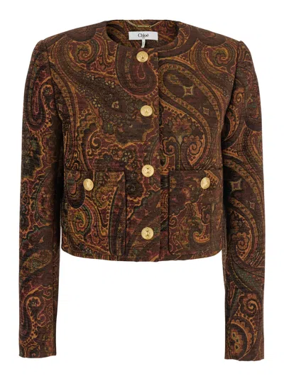 Chloé Multicolor Cropped Jacket With Round Neck And All-over Motif In Cotton Blend Woman In Brown