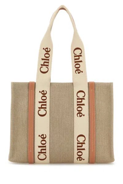 Chloé Multicolor Linen Medium Woody Shopping Bag