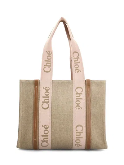 Chloé Multicolor Linen Medium Woody Shopping Bag