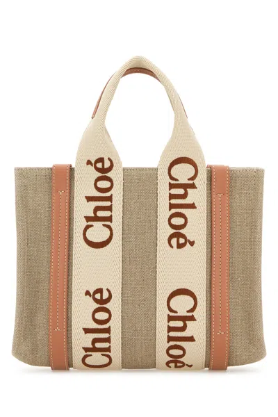 Chloé Chloe Multicolor Linen Small Woody Shopping Bag In White