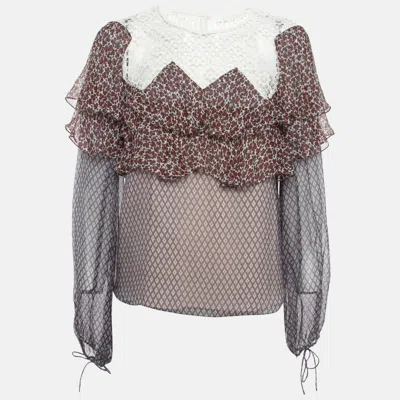 Pre-owned Chloé Multicolor Printed Lace Trim Silk Ruffled Blouse M