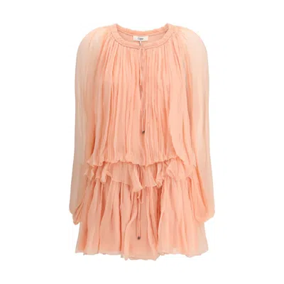 Chloé Women Pink Mini Dress With Drawstring On The Front And Cape Design In Silk Woman In Neutral