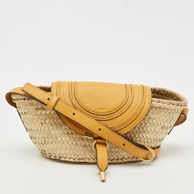 Pre-owned Chloé Mustard/beige Woven Raffia And Leather Marcie Basket Bag In Yellow