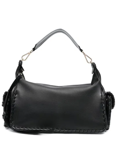 Chloé Textured Leather Nahir Shoulder Bag With Gold Metal Trim In Black