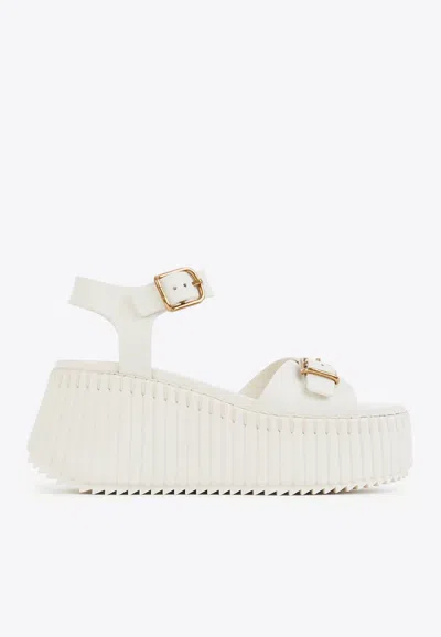 Chloé Nama 80 Leather Wedge Sandals In Eggshell