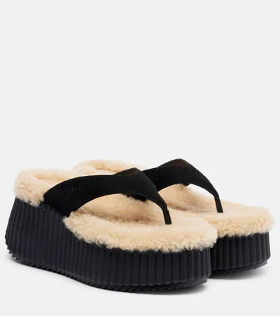 Chloé Nama 80 Suede Platform Thong Sandals In Black